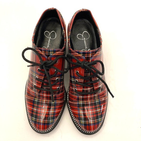 Jessica Simpson Shoes - Jessica Simpson Resina Heeled‎ Oxfords Red Plaid Patent Faux Leather Womens 7 M